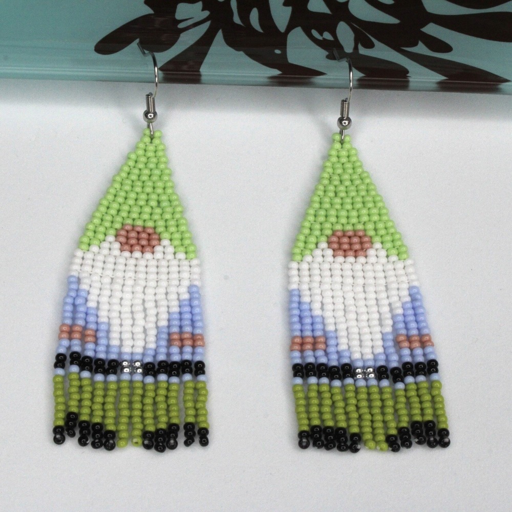 Handmade Garden Gnome Seed Beaded Earrings 3 Inches Green Blue White New